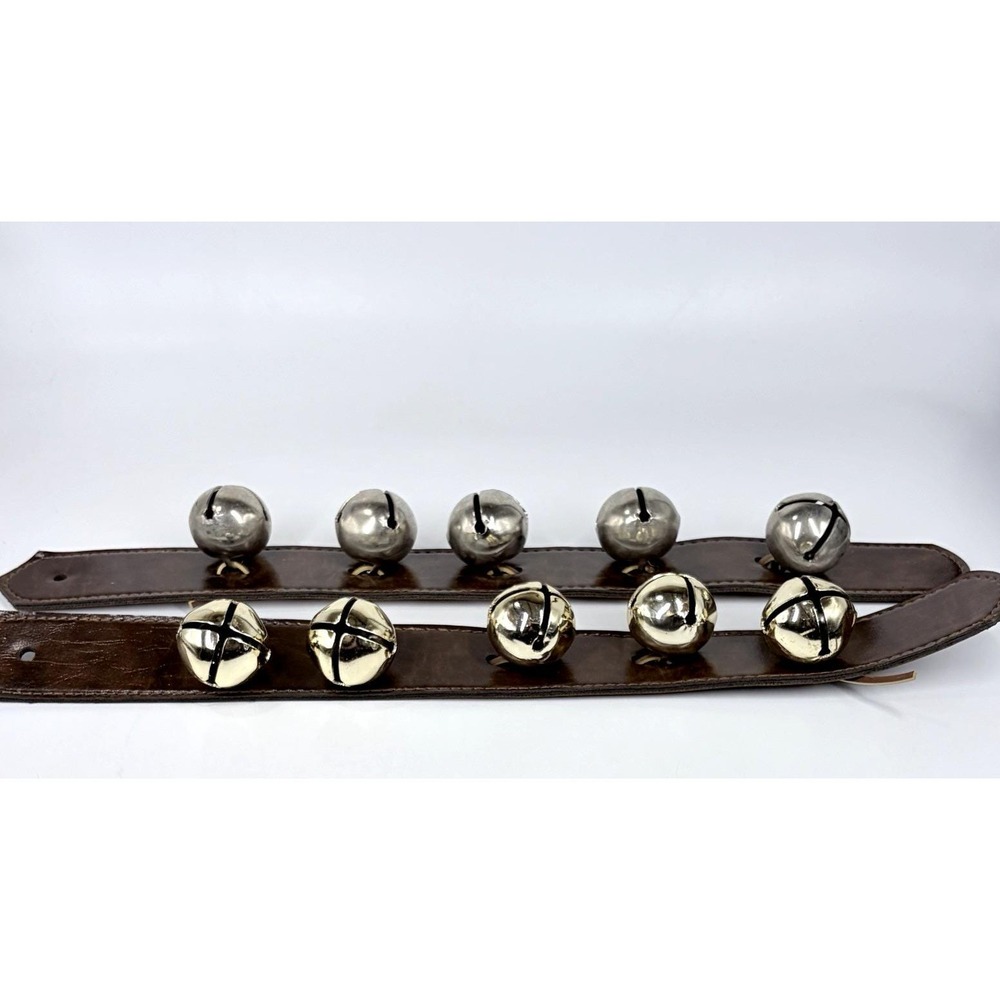 Vintage Sleigh Bells Brown Leather Straps Gold Silver Jingle Bells 2pk - Picture 5 of 10
